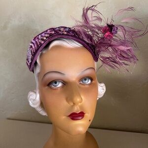 GLOWING 1950's PURPLE COCKTAIL HAT + SEQUINS/FEATHERS/FLOWERS/BROOCH